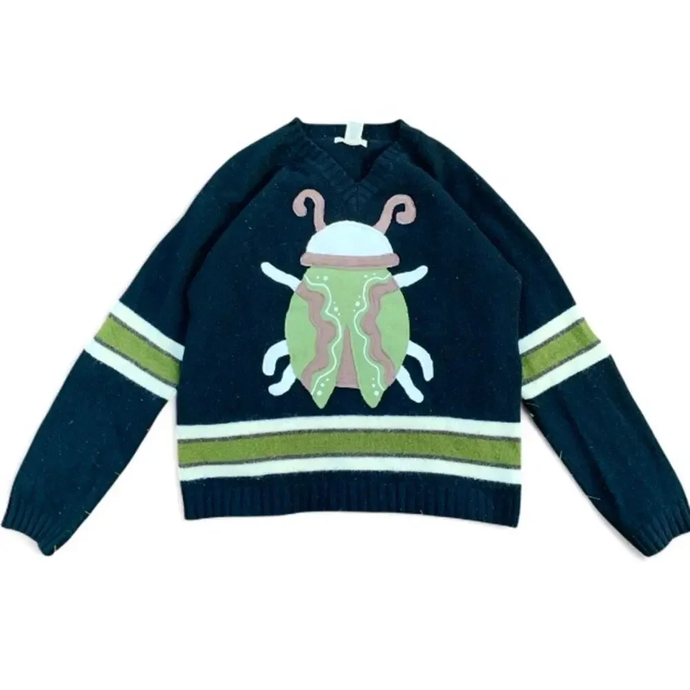 Custom Upcycled Green Black Wool Beetle Patchwork Sweater Size Large
